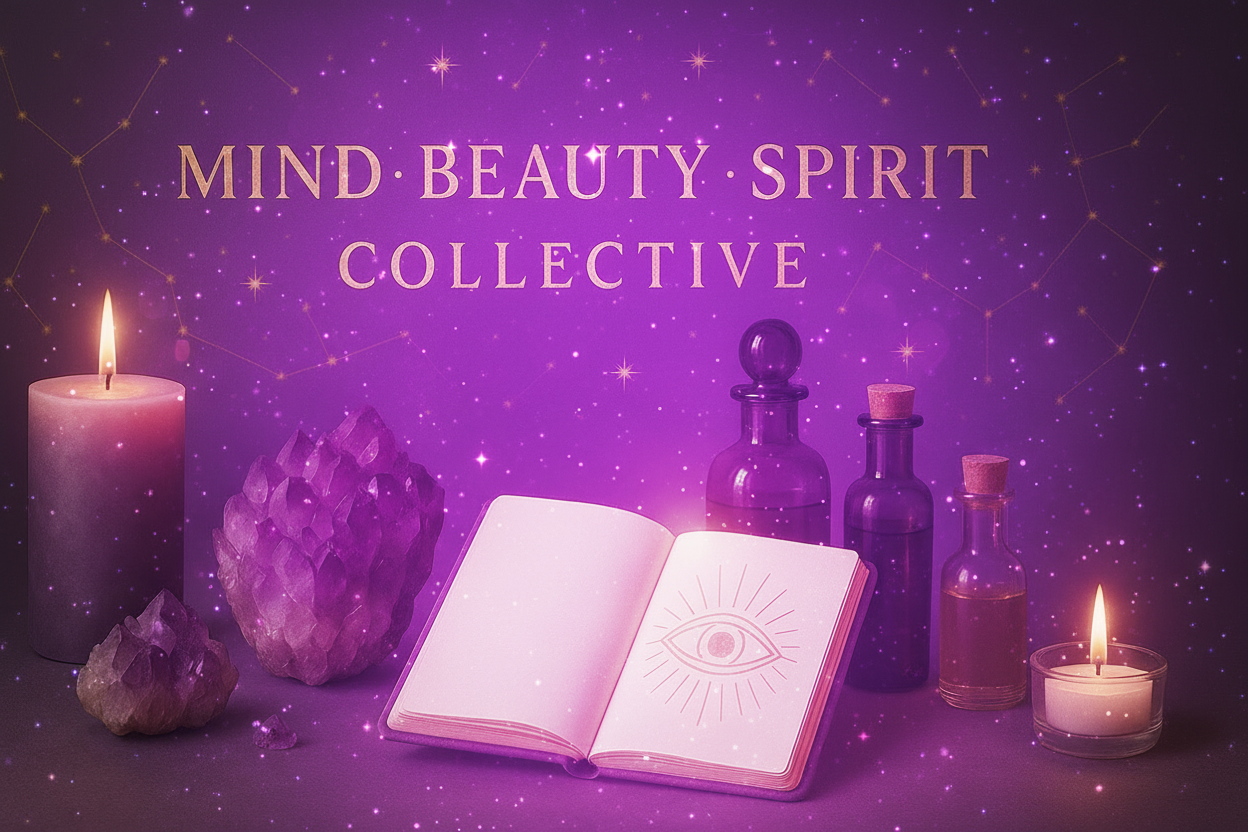 Decorative setup with books, bottles, and candles on a dark background with 'Mind Beauty Spirit Collective' text.
